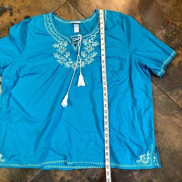 Liz & Me Blue V-neck Lace-up Embroidered Beads Short Sleeve Blouse 2X (22/24 W) - Picture 14 of 16